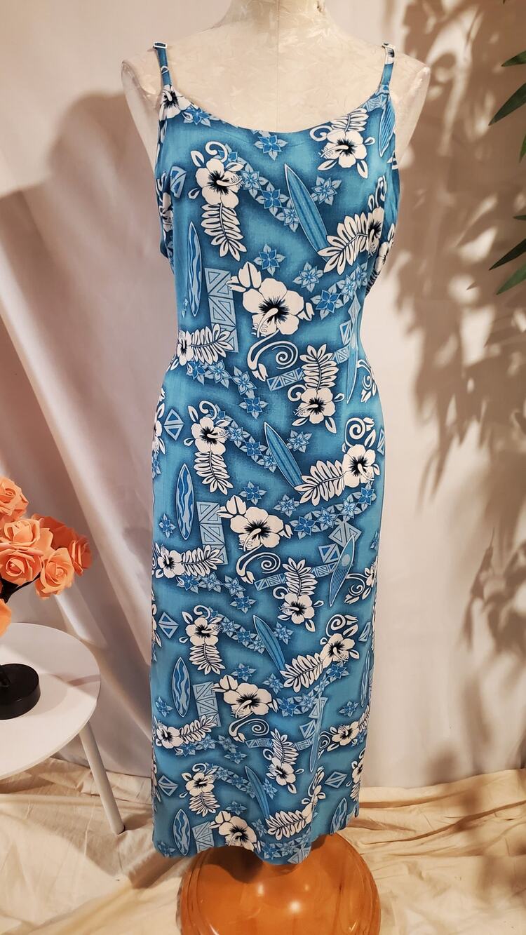 Vtg Clear Blue Sky Hawaiian Tropical Floral Tieback Maxi Dress Size M Aloha Surf